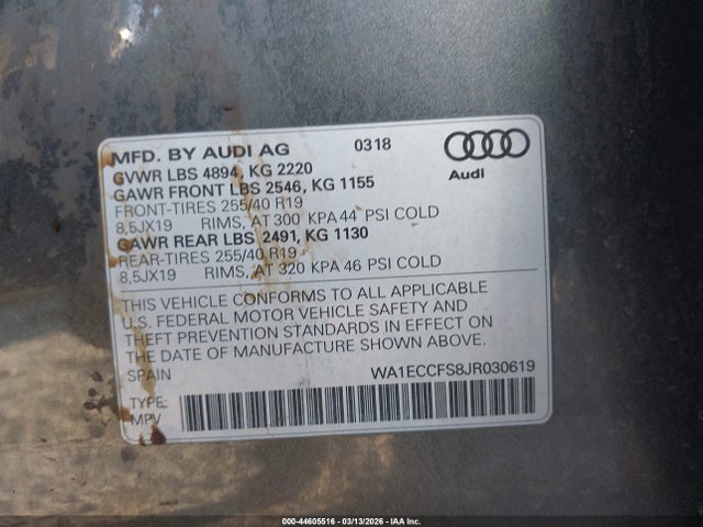 2018 Audi Q3 2.0t Premium/2.0t Sport Premium მანქანა იყიდება აუქციონზე, vin: WA1ECCFS8JR030619, აუქციონის ნომერი: 44605516