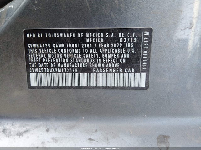 Продаж на аукціоні авто 2019 Volkswagen Jetta 1.4t R-line/1.4t S/1.4t Se, vin: 3VWC57BUXKM172198, номер лоту: 44605518