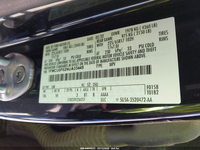 1FMCU0F62NUA33445 Ford ESCAPE S