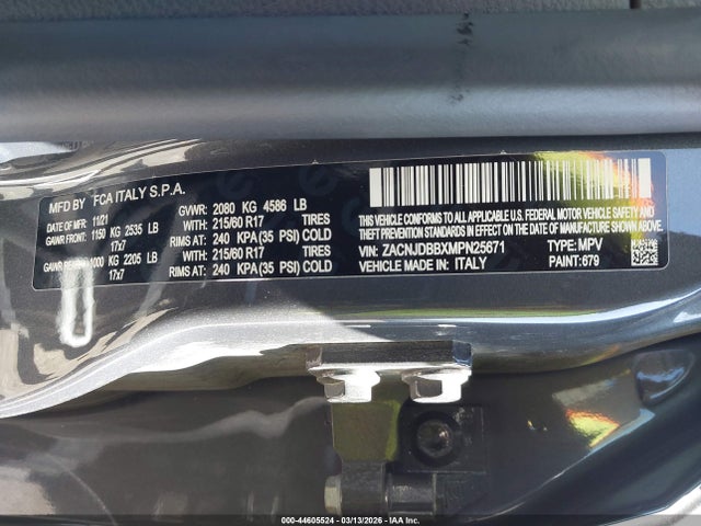 Aukcja sprzedaży 2021 Jeep Renegade Latitude 4x4, vin: ZACNJDBBXMPN25671, numer aukcji: 44605524