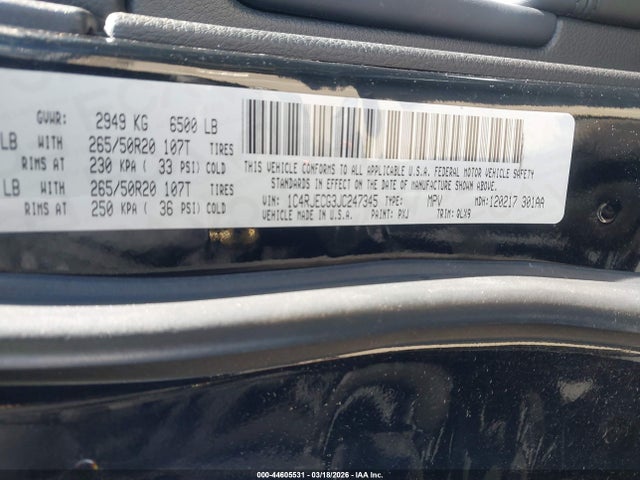Aukcja sprzedaży 2018 Jeep Grand Cherokee High Altitude 4x2, vin: 1C4RJECG3JC247345, numer aukcji: 44605531