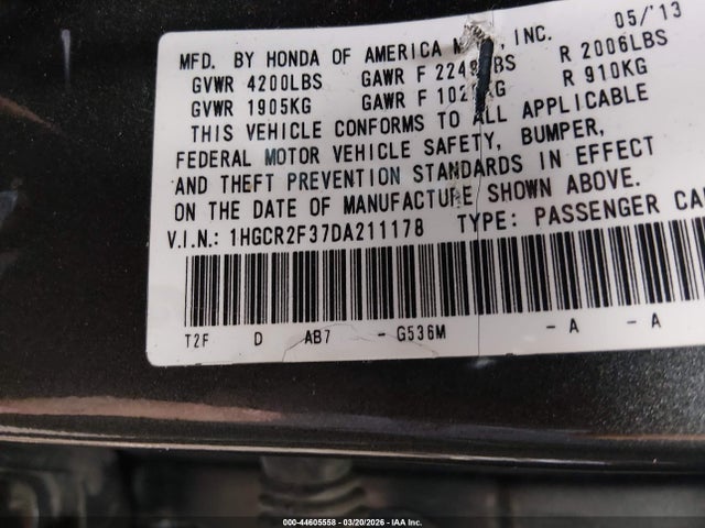 Продаж на аукціоні авто 2013 Honda Accord Lx, vin: 1HGCR2F37DA211178, номер лоту: 44605558