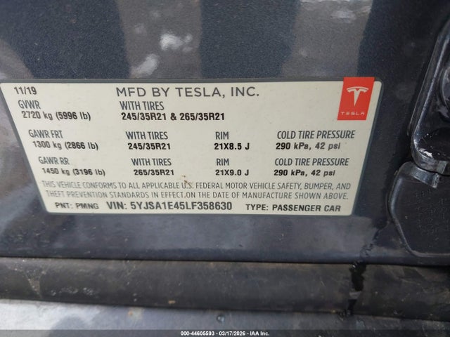 2020 Tesla Model S Performance Dual Motor All-wheel Drive მანქანა იყიდება აუქციონზე, vin: 5YJSA1E45LF358630, აუქციონის ნომერი: 44605593