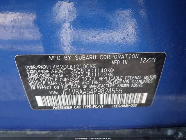 Продажа на аукционе авто 2023 Subaru Wrx, vin: JF1VBAA64P9824555, номер лота: 44605597