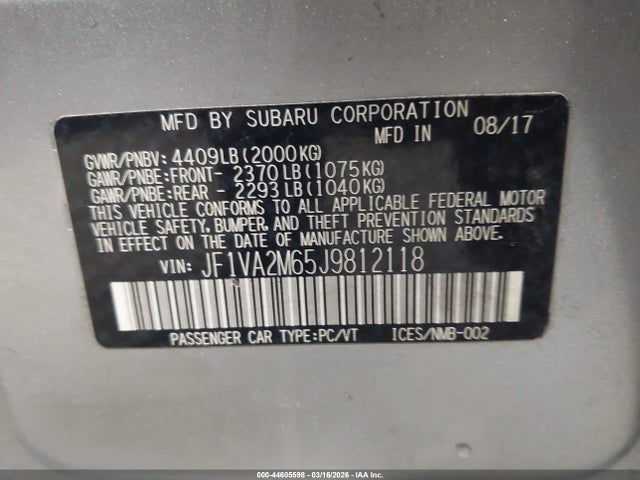 Продажа на аукционе авто 2018 Subaru Wrx Sti, vin: JF1VA2M65J9812118, номер лота: 44605598