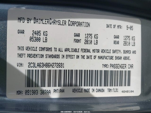 Aukcja sprzedaży 2006 Chrysler 300c, vin: 2C3LA63H86H272691, numer aukcji: 44605601