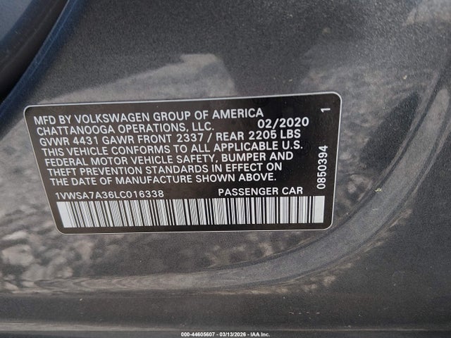 Продаж на аукціоні авто 2020 Volkswagen Passat 2.0t Se, vin: 1VWSA7A36LC016338, номер лоту: 44605607