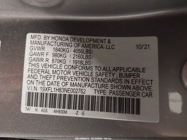 19XFL1H83NE002762 Honda Civic Sport Touring