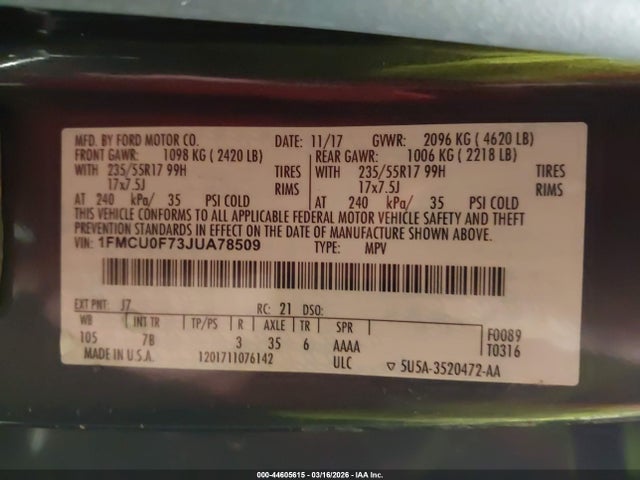 1FMCU0F73JUA78509 Ford ESCAPE S