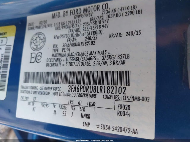 Продажа на аукционе авто 2020 Ford Fusion Hybrid Titanium, vin: 3FA6P0RU8LR182102, номер лота: 44605617