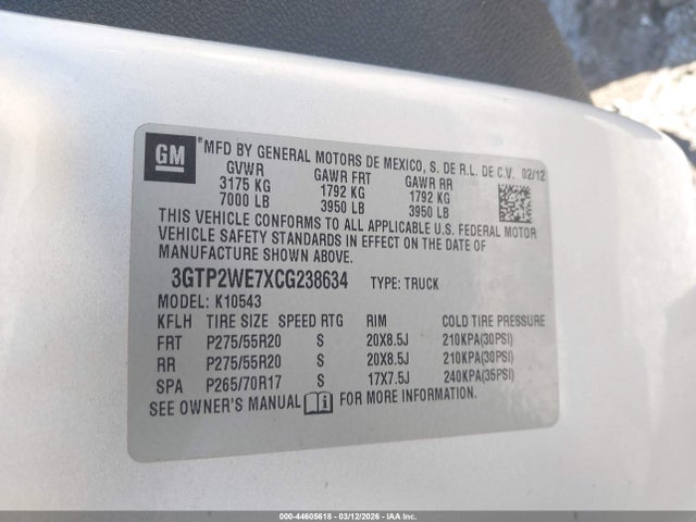 44605618 :رقم المزاد ، 3GTP2WE7XCG238634 vin ، 2012 Gmc Sierra 1500 Slt مزاد بيع