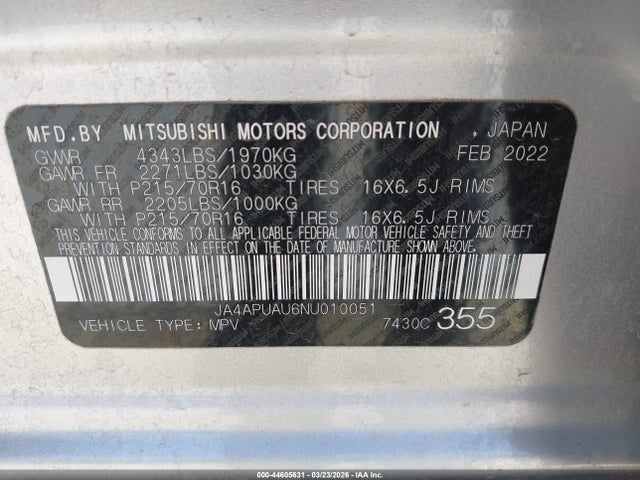 JA4APUAU6NU010051 Mitsubishi Outlander Sport 2.0 Be 2wd/2.0 Es 2wd/2.0 Le 2wd/2.0 S 2wd