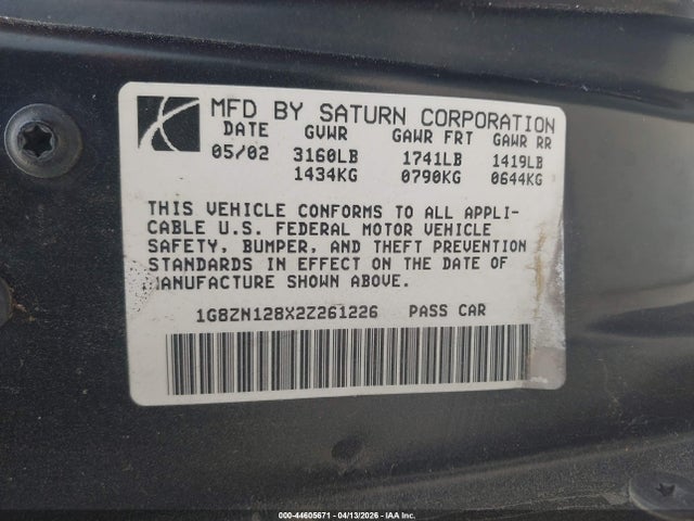 Aukcja sprzedaży 2002 Saturn S-series Sc1, vin: 1G8ZN128X2Z261226, numer aukcji: 44605671