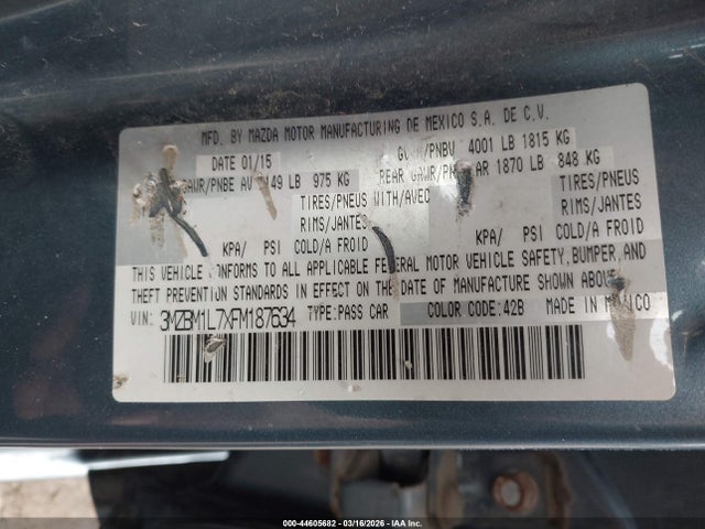 Aukcja sprzedaży 2015 Mazda Mazda3 I Touring, vin: 3MZBM1L7XFM187634, numer aukcji: 44605682
