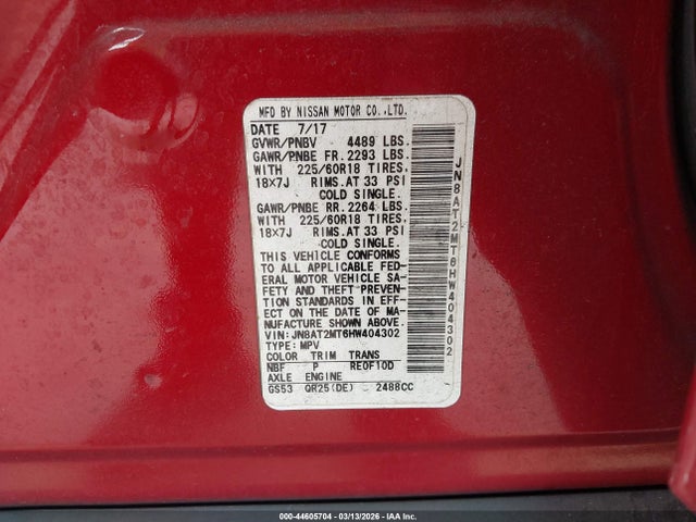 44605704 :رقم المزاد ، JN8AT2MT6HW404302 vin ، 2017 Nissan Rogue Sl مزاد بيع