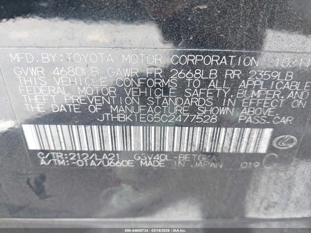 Aukcja sprzedaży 2012 Lexus Es 350, vin: JTHBK1EG5C2477528, numer aukcji: 44605724