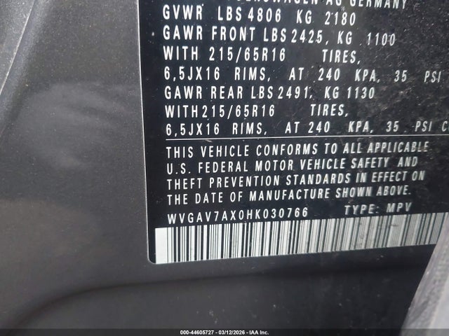 44605727 :رقم المزاد ، WVGAV7AX0HK030766 vin ، 2017 Volkswagen Tiguan 2.0t/2.0t S مزاد بيع