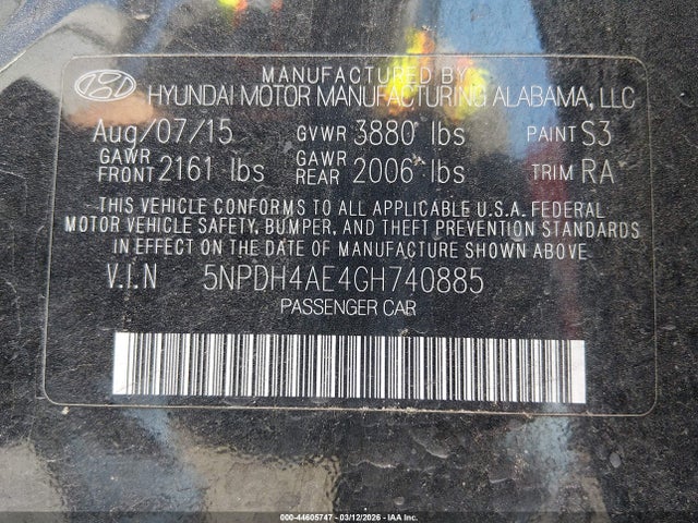 5NPDH4AE4GH740885 Hyundai ELANTRA SE
