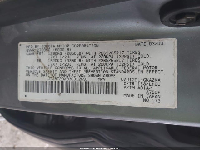 44605749 :رقم المزاد ، JTJBT20X930012691 vin ، 2003 Lexus Gx 470 مزاد بيع