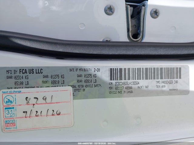 2020 Dodge Charger Sxt Rwd მანქანა იყიდება აუქციონზე, vin: 2C3CDXBG5LH135564, აუქციონის ნომერი: 44605760