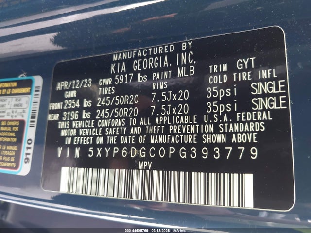 44605769 :رقم المزاد ، 5XYP6DGC0PG393779 vin ، 2023 Kia Telluride S مزاد بيع