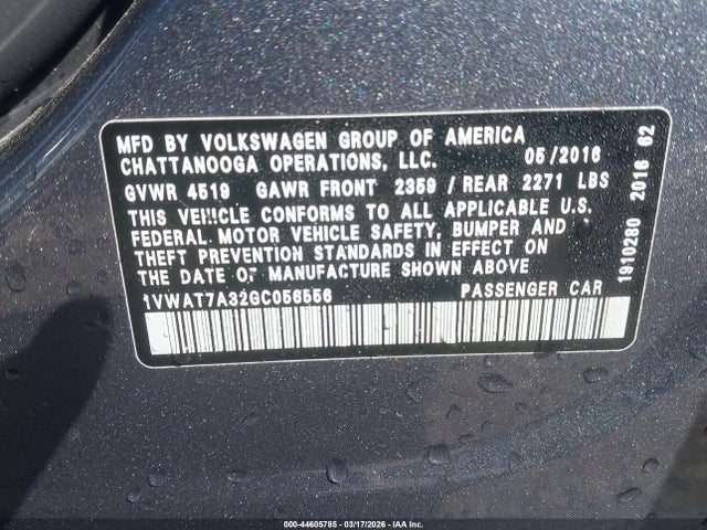 44605785 :رقم المزاد ، 1VWAT7A32GC056556 vin ، 2016 Volkswagen Passat 1.8t S مزاد بيع