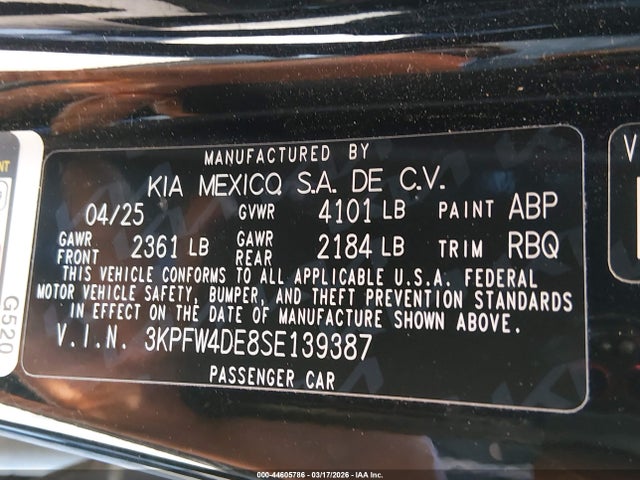 44605786 :رقم المزاد ، 3KPFW4DE8SE139387 vin ، 2025 Kia K4 Gt-line مزاد بيع