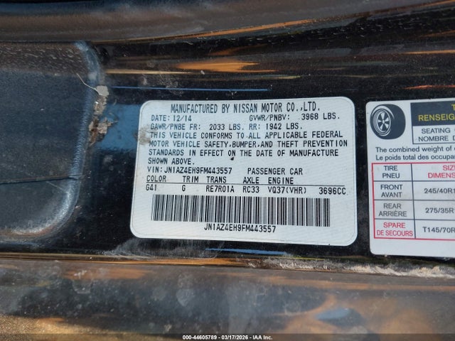 Продажа на аукционе авто 2015 Nissan 370z Nismo/nismo Tech/sport/sport Tech/touring, vin: JN1AZ4EH9FM443557, номер лота: 44605789