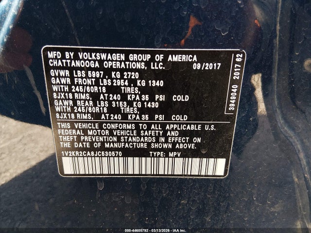 44605792 :رقم المزاد ، 1V2KR2CA8JC530570 vin ، 2018 Volkswagen Atlas 3.6l V6 Se مزاد بيع