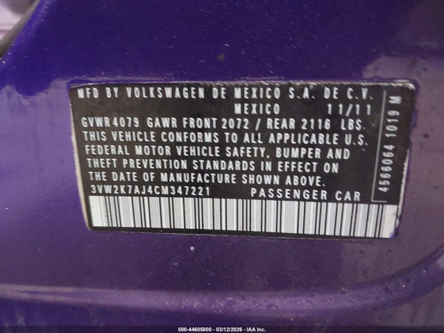 44605800 :رقم المزاد ، 3VW2K7AJ4CM347221 vin ، 2012 Volkswagen Jetta 2.0l S مزاد بيع