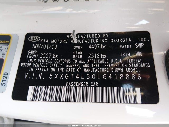 Aukcja sprzedaży 2020 Kia Optima Lx, vin: 5XXGT4L30LG418886, numer aukcji: 44605814
