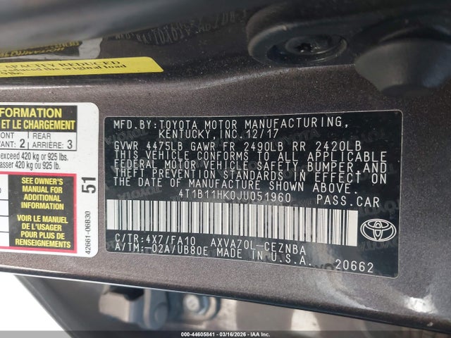 4T1B11HK0JU051960 Toyota CAMRY LE