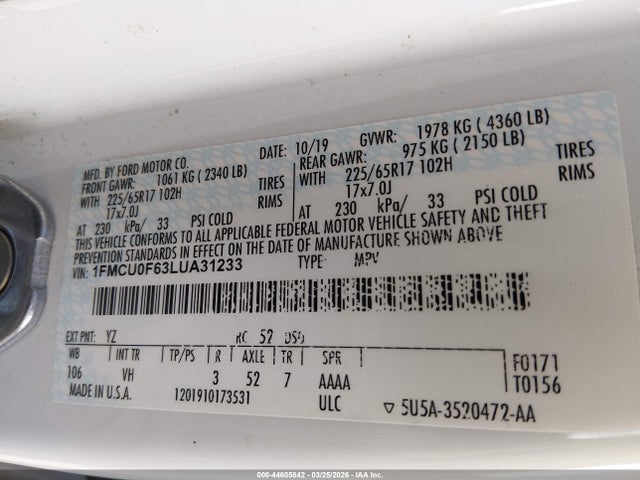 Aukcja sprzedaży 2020 Ford Escape S, vin: 1FMCU0F63LUA31233, numer aukcji: 44605842