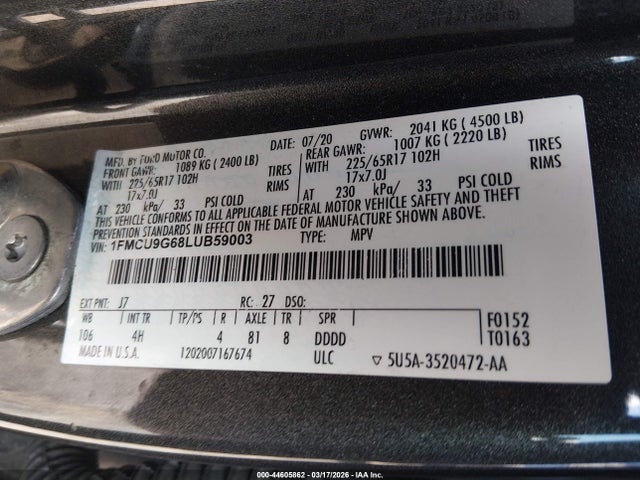Aukcja sprzedaży 2020 Ford Escape Se, vin: 1FMCU9G68LUB59003, numer aukcji: 44605862