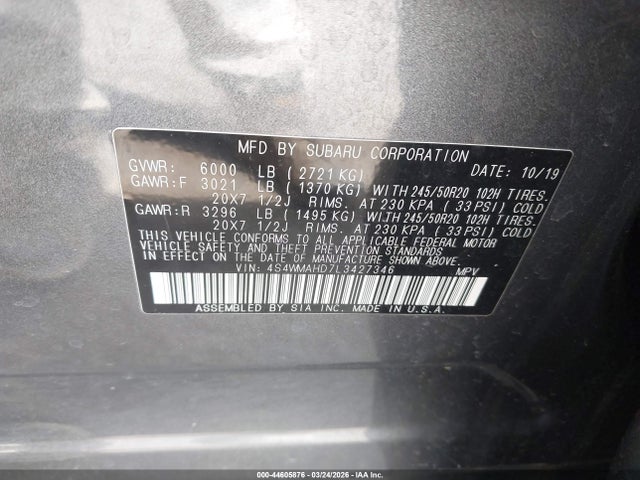 Продажа на аукционе авто 2020 Subaru Ascent Premium, vin: 4S4WMAHD7L3427346, номер лота: 44605876