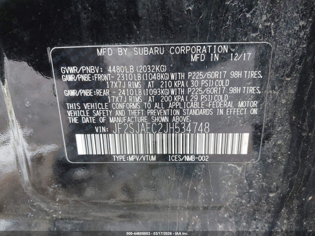 Продаж на аукціоні авто 2018 Subaru Forester 2.5i Premium, vin: JF2SJAEC2JH534748, номер лоту: 44605883