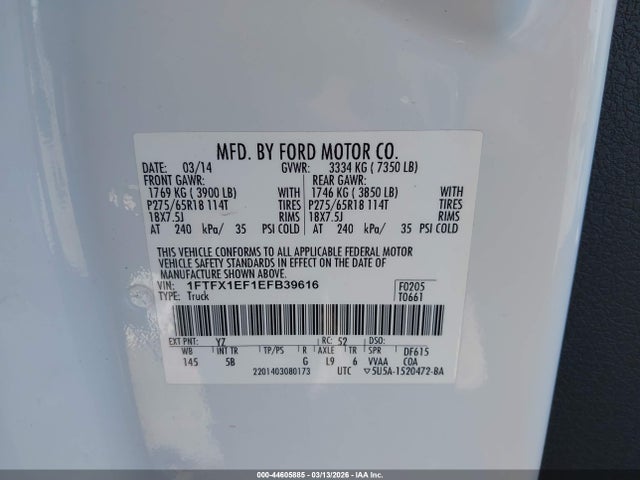 2014 Ford F-150 Fx4 მანქანა იყიდება აუქციონზე, vin: 1FTFX1EF1EFB39616, აუქციონის ნომერი: 44605885