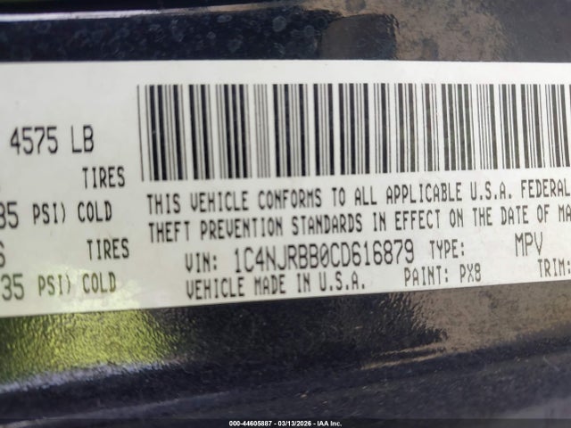 2012 Jeep Patriot Sport მანქანა იყიდება აუქციონზე, vin: 1C4NJRBB0CD616879, აუქციონის ნომერი: 44605887