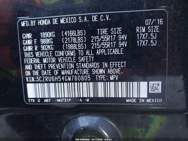 Продажа на аукционе авто 2016 Honda Hr-v Ex, vin: 3CZRU6H54GM760805, номер лота: 44605888