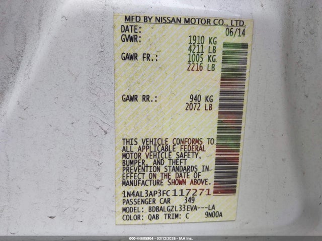 Aukcja sprzedaży 2015 Nissan Altima 2.5 S, vin: 1N4AL3AP3FC117271, numer aukcji: 44605904