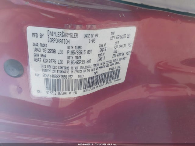 Продажа на аукционе авто 2003 Chrysler Pt Cruiser, vin: 3C4FY48B63T591197, номер лота: 44605911