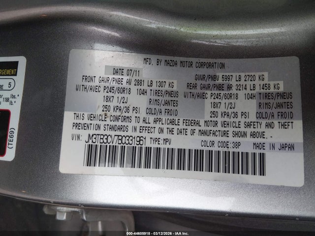 2011 Mazda Cx-9 Touring მანქანა იყიდება აუქციონზე, vin: JM3TB3CV7B0331961, აუქციონის ნომერი: 44605918