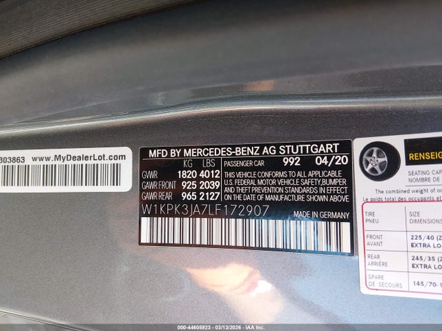 44605923 :رقم المزاد ، W1KPK3JA7LF172907 vin ، 2020 Mercedes-benz Slc 300 مزاد بيع