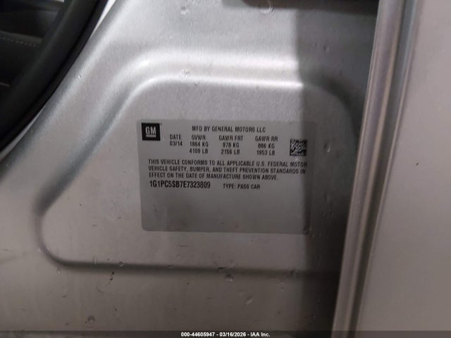 44605947 :رقم المزاد ، 1G1PC5SB7E7323809 vin ، 2014 Chevrolet Cruze 1lt Auto مزاد بيع
