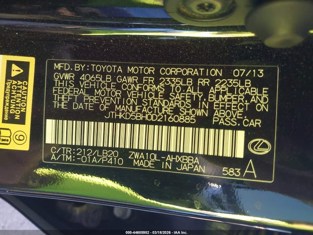 Aukcja sprzedaży 2013 Lexus Ct 200h, vin: JTHKD5BH0D2160885, numer aukcji: 44605952