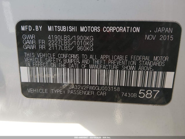 Aukcja sprzedaży 2016 Mitsubishi Lancer Es, vin: JA32V2FW0GU003158, numer aukcji: 44605957