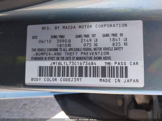 44605975 :رقم المزاد ، JM1BL1L73C1673684 vin ، 2012 Mazda Mazda3 I Touring مزاد بيع