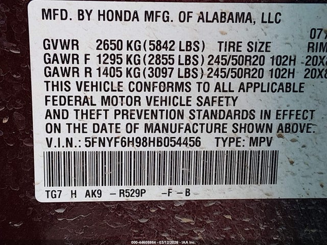 Auction sale of the 2017 Honda Pilot Touring, vin: 5FNYF6H98HB054456, lot number: 44605984