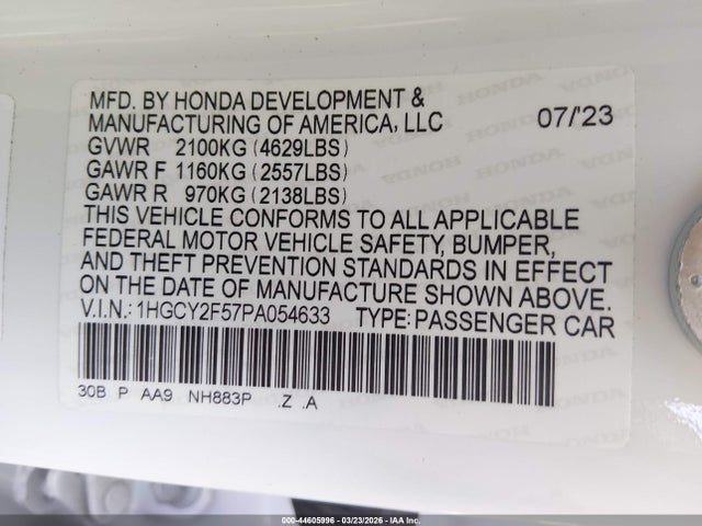 44605996 :رقم المزاد ، 1HGCY2F57PA054633 vin ، 2023 Honda Accord Hybrid Sport مزاد بيع