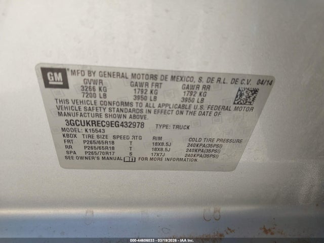 Aukcja sprzedaży 2014 Chevrolet Silverado 1500 2lt, vin: 3GCUKREC9EG432978, numer aukcji: 44606033